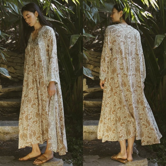 Natalie Martin Dresses & Skirts - FLAW Natalie Martin Dress Fiore Maxi Silk Summer Beach Wing Print Paros Tan M